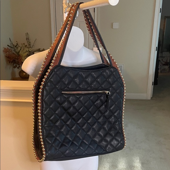 Big Buddha Black Quilted Shoulder Bag with Gold Bead Trim and Tan Edging - Picture 9 of 10